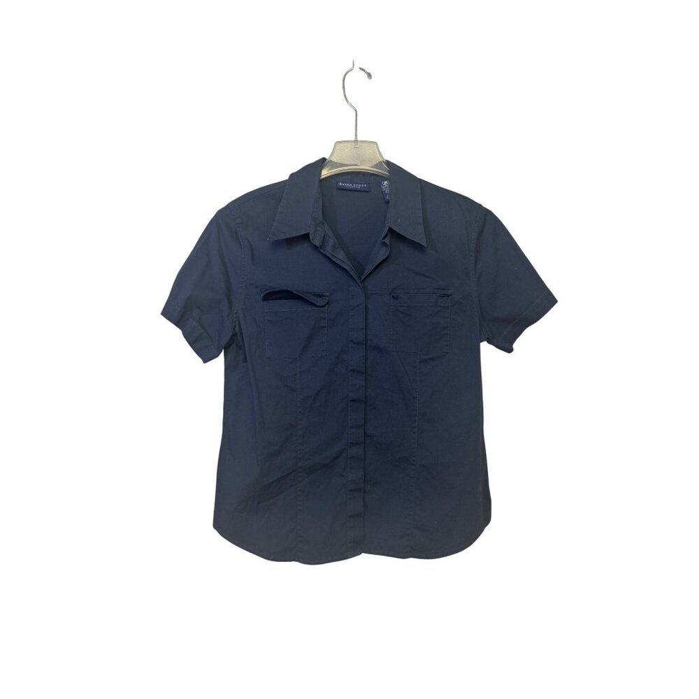 Karen Scott Size Large Button Down Navy Short Sleeve Stretch Cotton Shirt - Picture 8 of 8